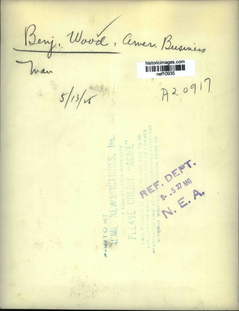 1937 Press Photo Benjamin Wood, American Businessman - nef10935