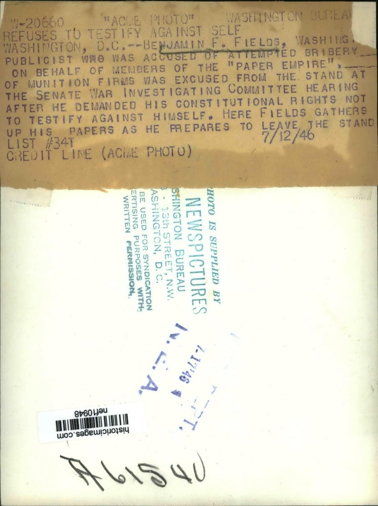 1946 Press Photo Benjamin F.Fields, Washington Publicist accused of Bribery