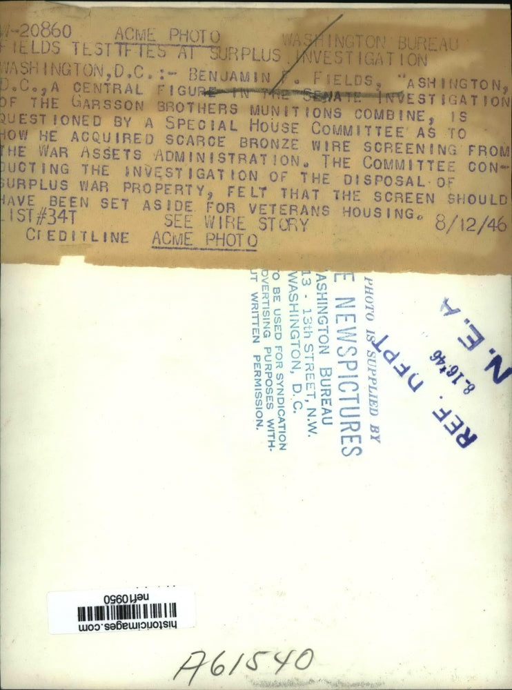 1946 Press Photo Benjamin F.Fields testifyon Garson Brothers Munitions combine