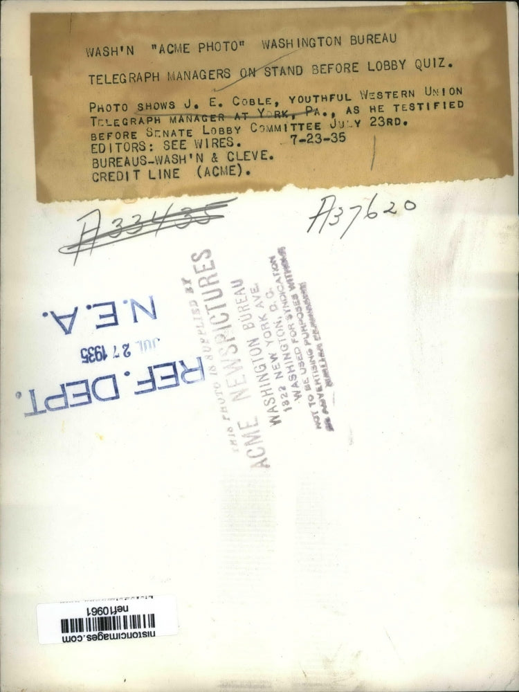 1935 Press Photo J. E. Coble testifies before Senate Lobby Committee.