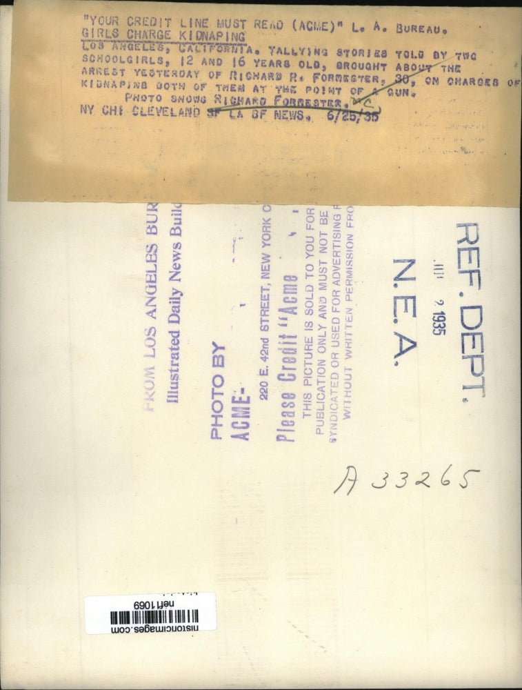 1935 Press Photo Richard Forrester charges of Kidnaping Two Los Angeles Girls