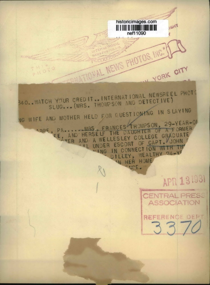 1931 Press Photo Frances Thompson Wife- Mother Held For Questioning In Slaying