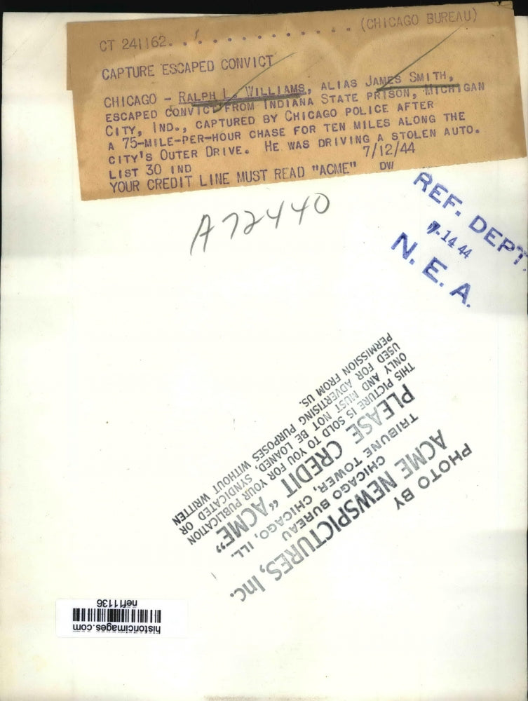 Load image into Gallery viewer, 1944 Press Photo R.L. Williams Alias J. Smith Escaped Convict Captured

