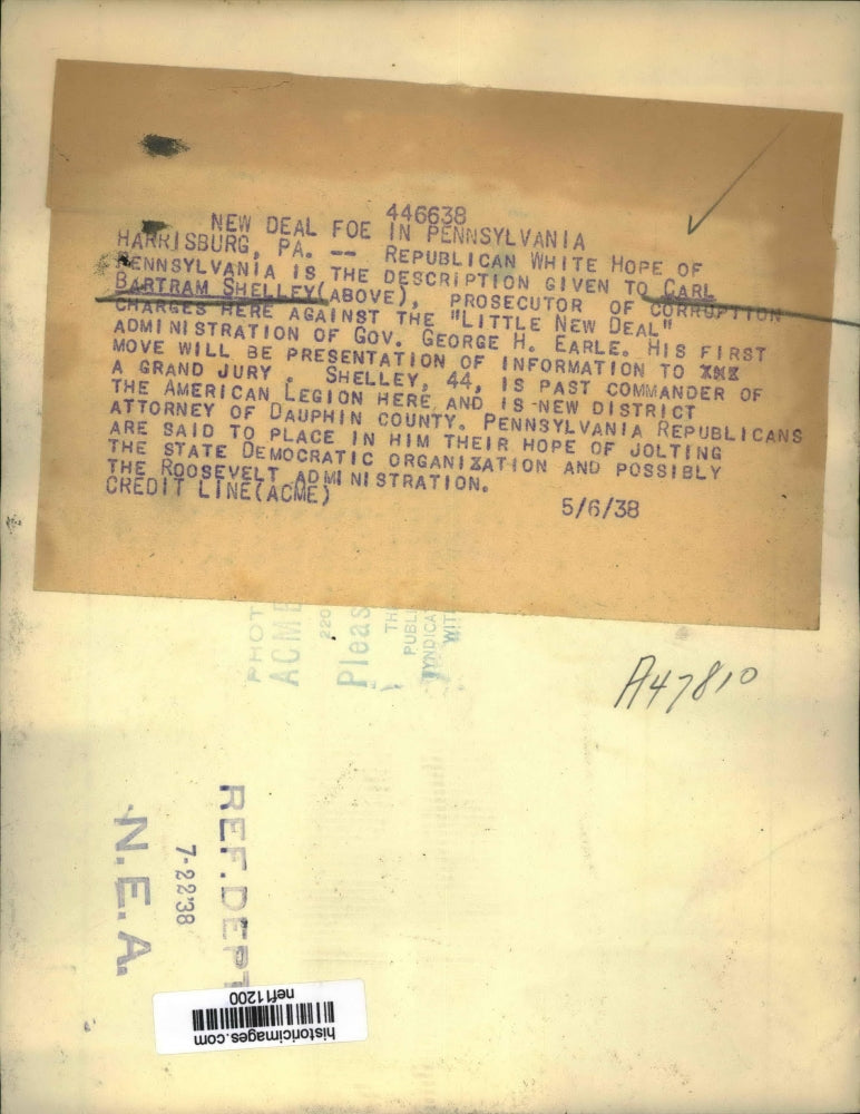 1938 Press Photo Carl Bartram Shelly against "Little New Deal" in Pennsylvania