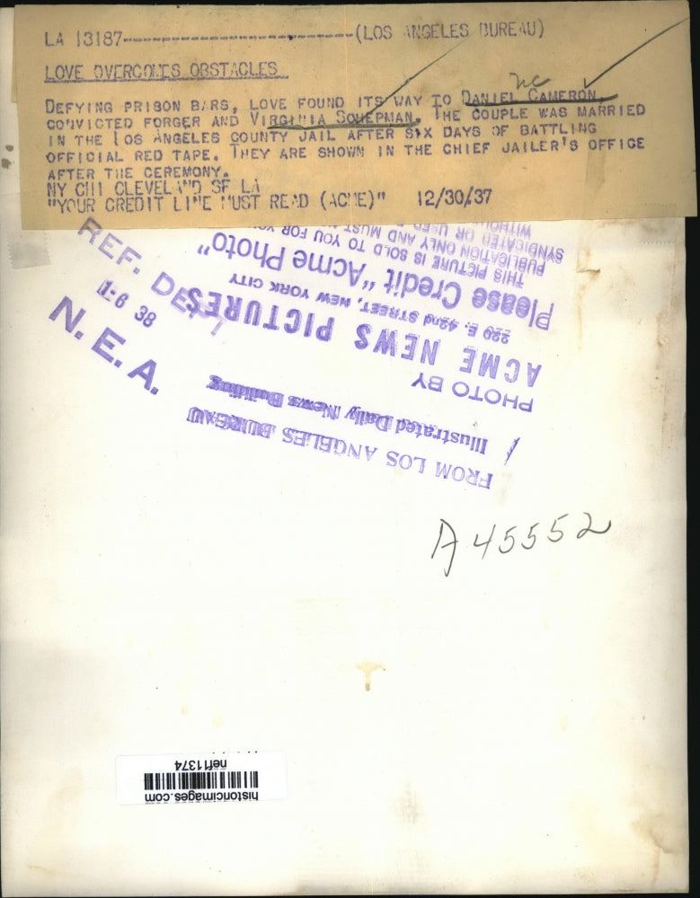 1937 Press Photo Cameron, Sohepman marry in Los Angeles County Jail - nef11374