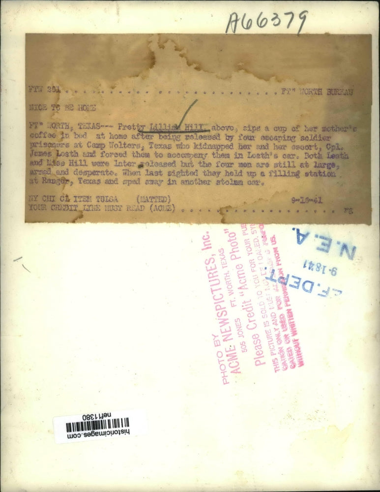 1941 Press Photo Lilliah Hill sips a cup of coffee in bed after kidnapping