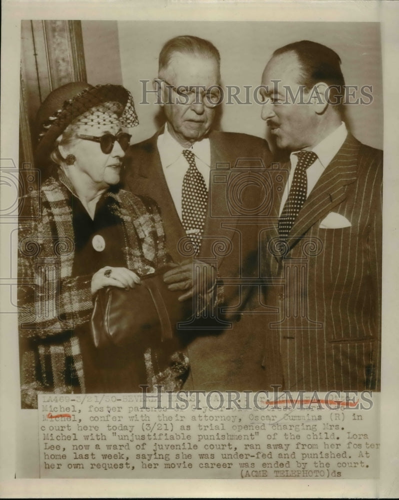 1950 Press Photo Foster parents of Actress Lara Lee michel confers with Attorney