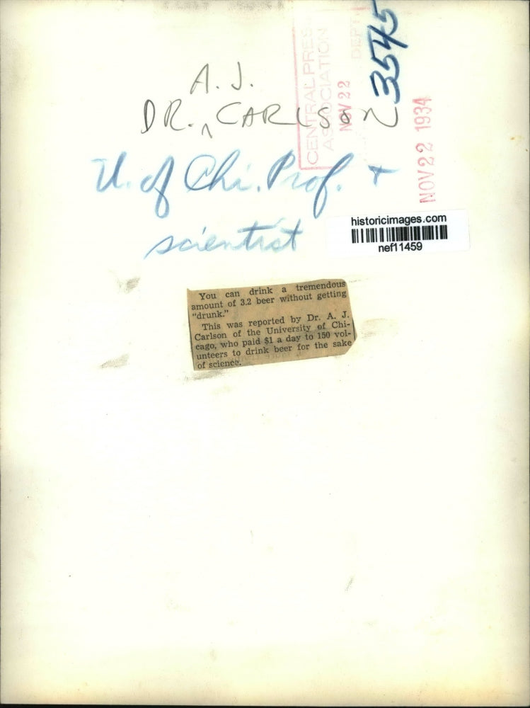 1934 Press Photo Dr. A.J. Carlson Professor & Scientist Of University of Chicago