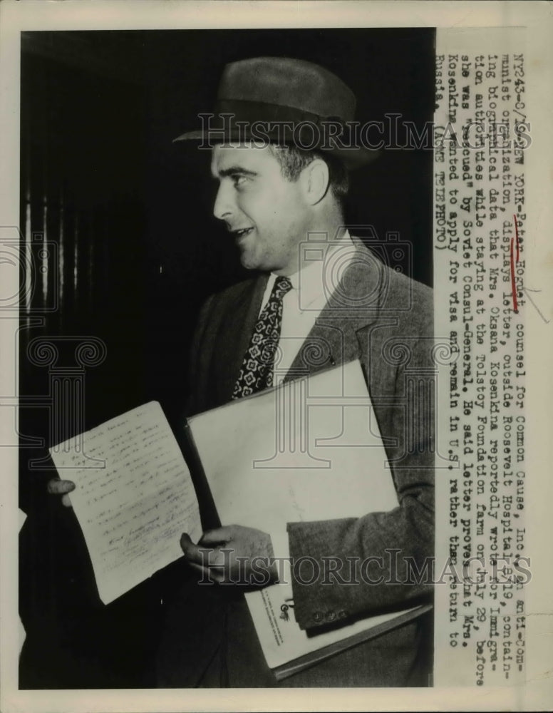 P1948 Press Photo P Hoguet Has Letter Says O Kosenkina Wrote To Immigration Auth- Historic Images