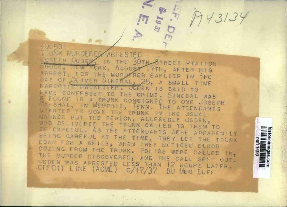 1937 Press Photo Joseph Ogden Arrested For Oliver Sinegal's Murder - nef11499