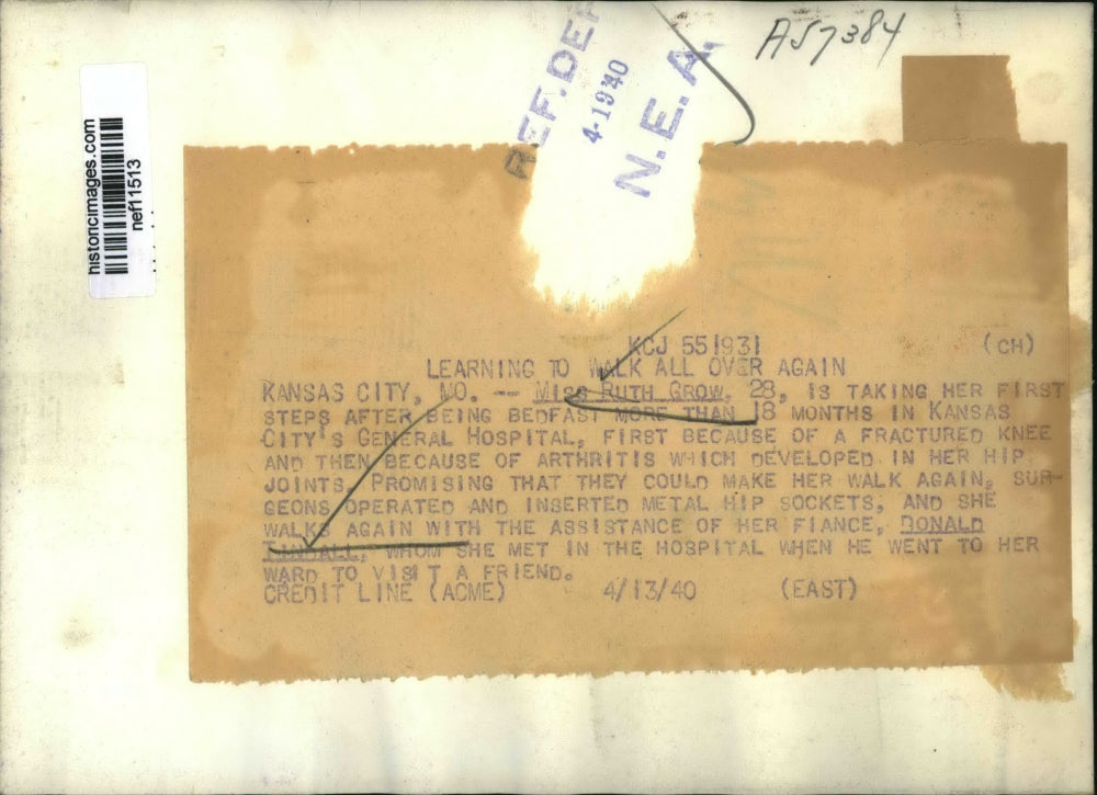 1940 Press Photo Miss Grow Taking First Steps After Being Bedfast 18 Months