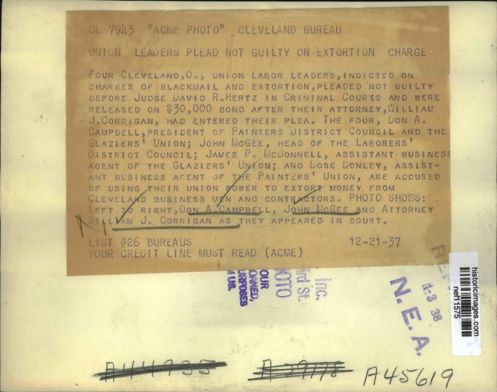 1937 Press Photo Union Labor Leaders indicted on charges of blackmail