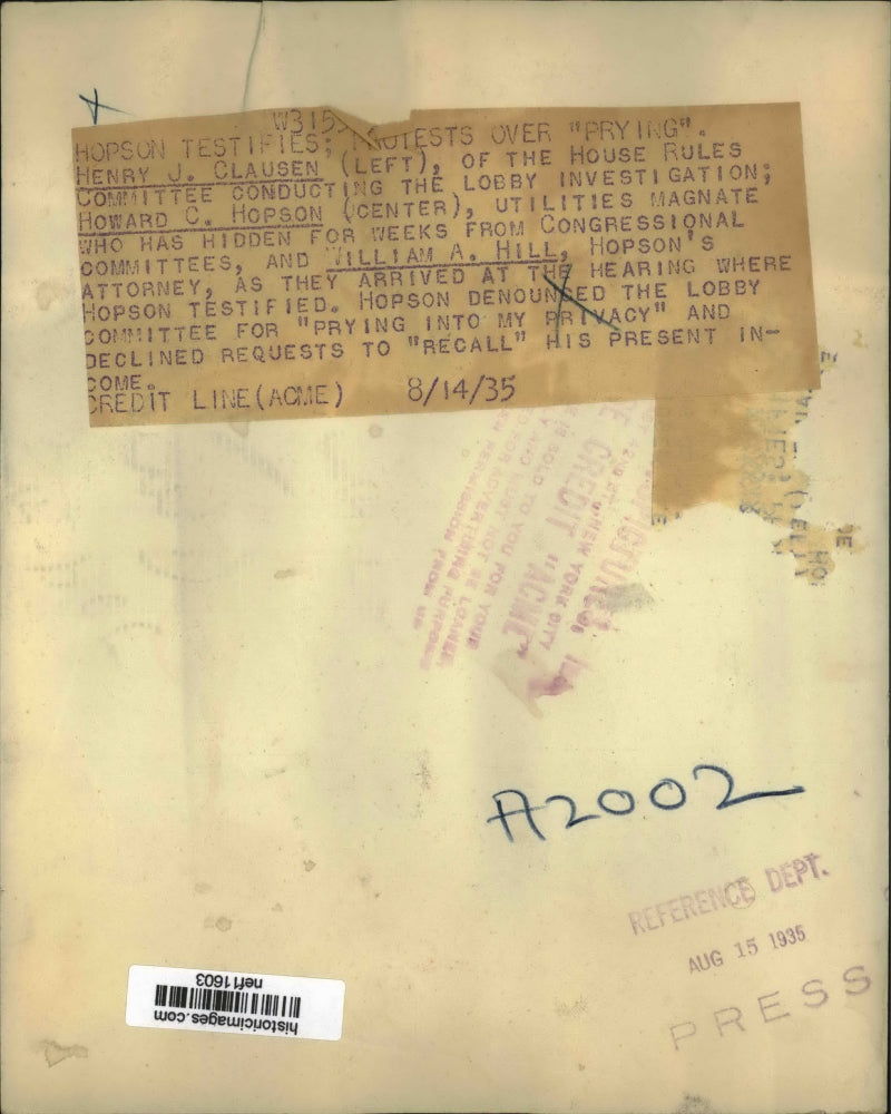 1935 Press Photo Howard C.Hopson Utilities Magnate with his Atty.William A.Hill