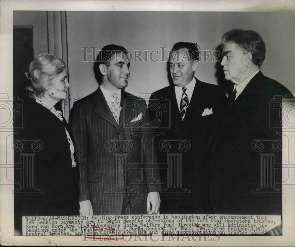 1948 Press Photo Roche, Burke, Bridges, Lewis holding press conference