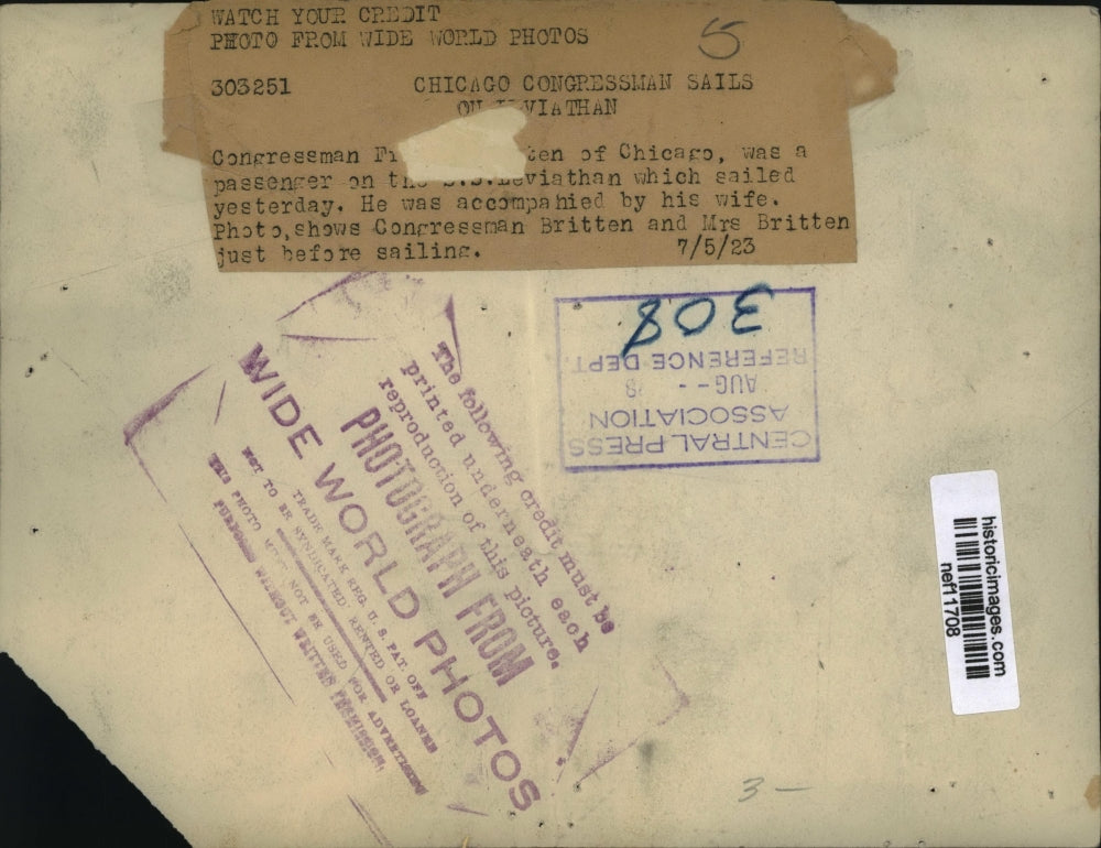 1923 Press Photo Congressman & Mrs Britten Before Congressman Sails On Leviathan