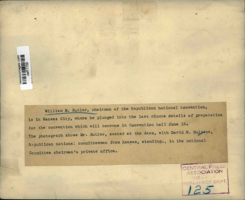 Load image into Gallery viewer, Press Photo W.M. Butler Chairman Republican Convention &amp; D.W. Mulvane In Office
