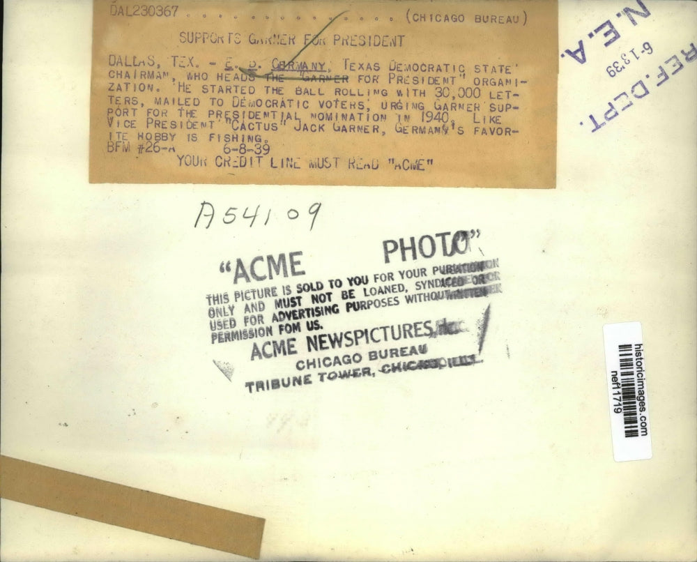 1939 Press Photo E. Carmany Supports "Cactus" Jack Garner For President