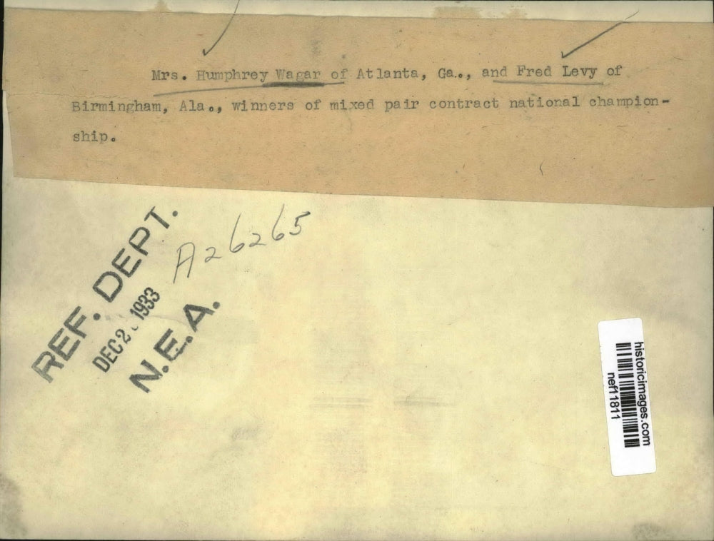 1933 Press Photo Mrs H. Wager & F. Levy Winners Mixed Pair Contract Championship