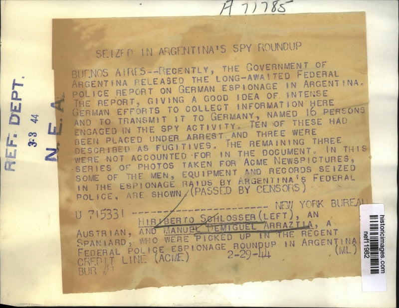 Load image into Gallery viewer, 1944 Press Photo Scholosser, Arraztia seized in Argentina's spy roundup
