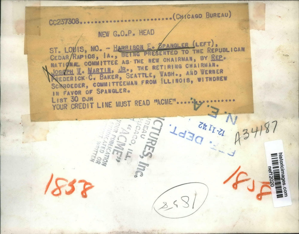 1942 Press Photo H. Spangler (L) New Chairman Of Republican National Committee