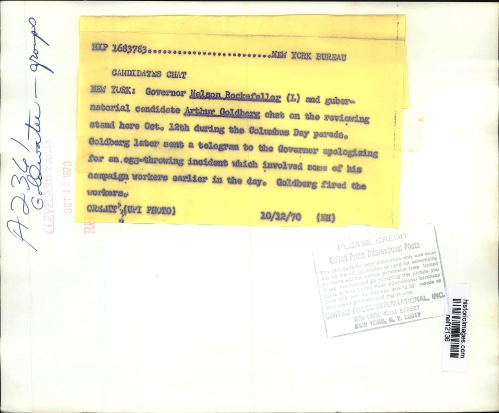 1970 Press Photo Gov Rockefeller and A. Goldberg Chat During Columbus Day Parade