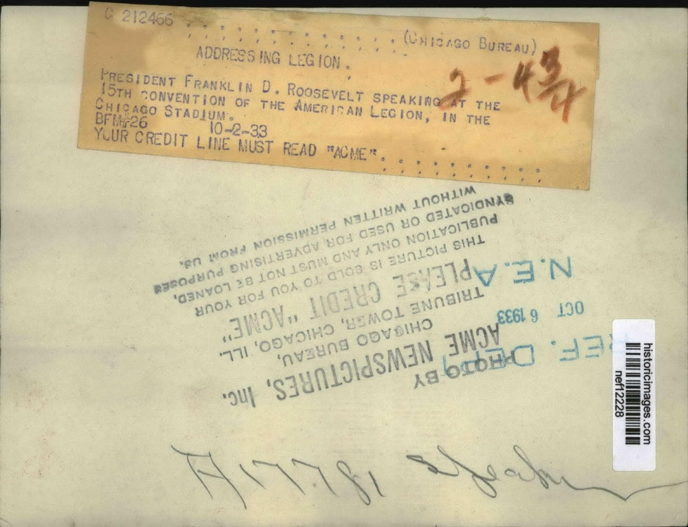 1933 Press Photo President Roosevelt addressing legion in Chicago - nef12228