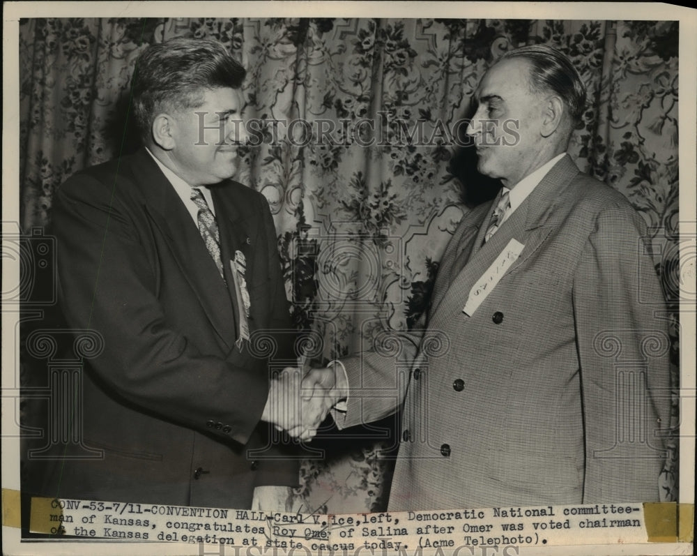 1948 Press Photo Carl Kice (L) Congratulates Roy Omer Voted Chairman of Kansas