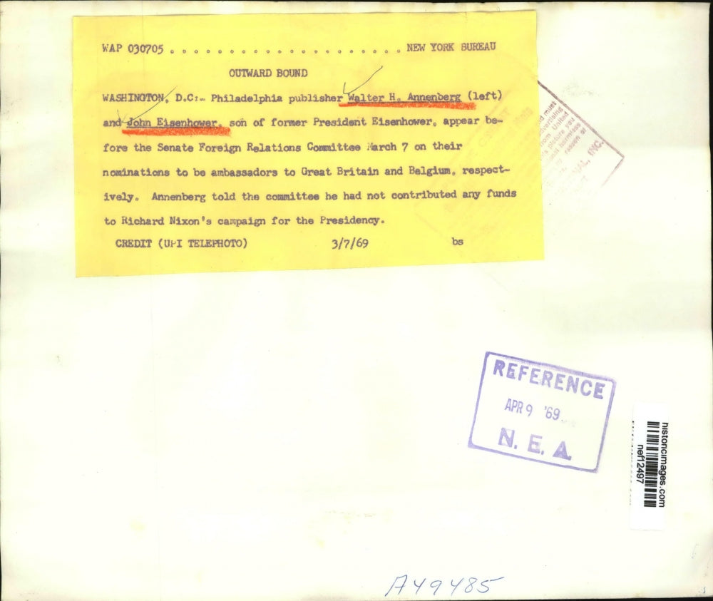 1969 Press Photo Publisher W. Annenberg and J. Eisenhower Son of Pres Eisenhower