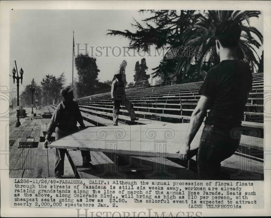 1949 Press Photo Workmen raising grandstand for Annual Rose Parade - nef12526