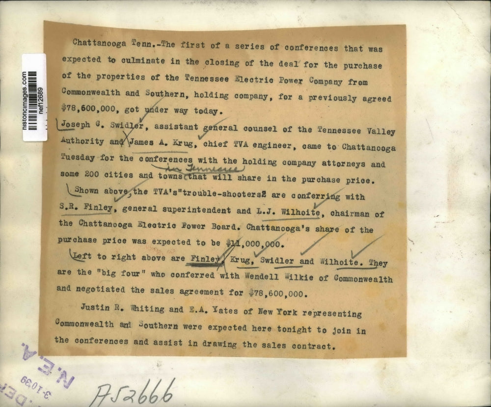 1939 Press Photo Closing Deal Purchase of TN Electric Power From Commonwealth