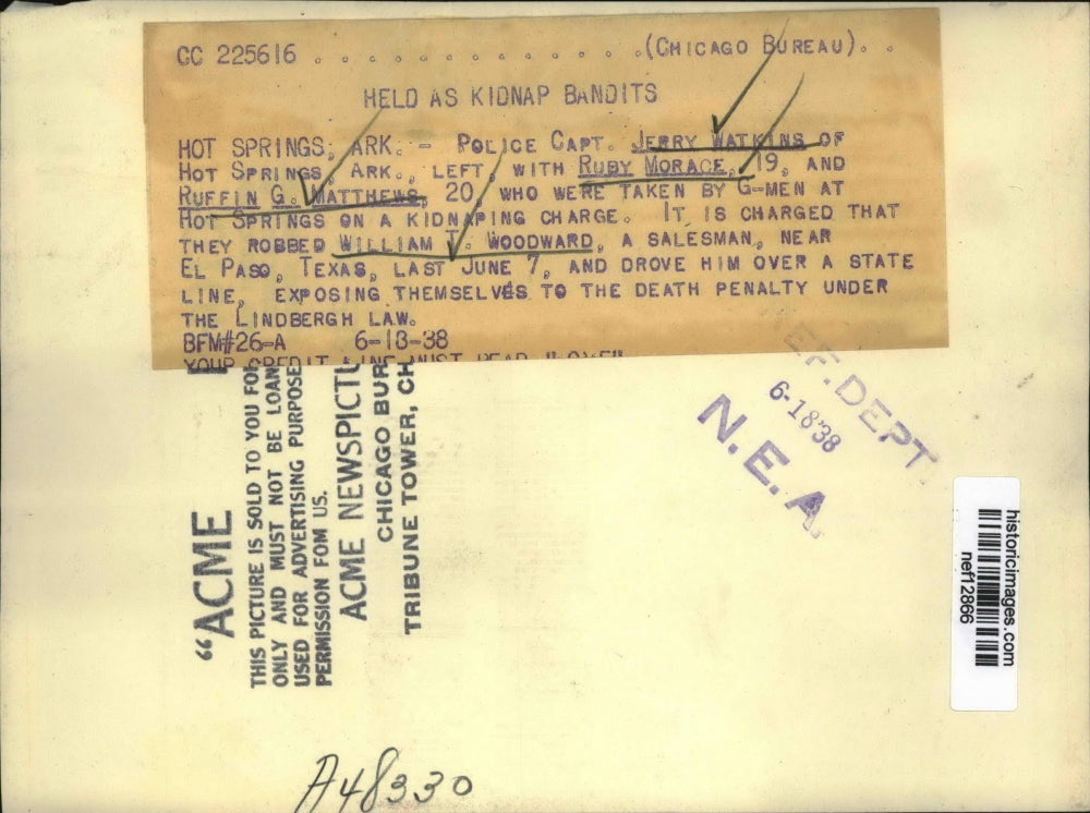 1938 Press Photo Jerry Watkins and Ruffin Matthews Captured On Kidnapping Charge