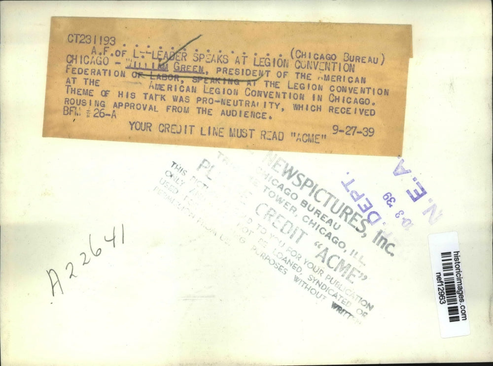 1939 Press Photo William Green, President of the American Federation of Labor