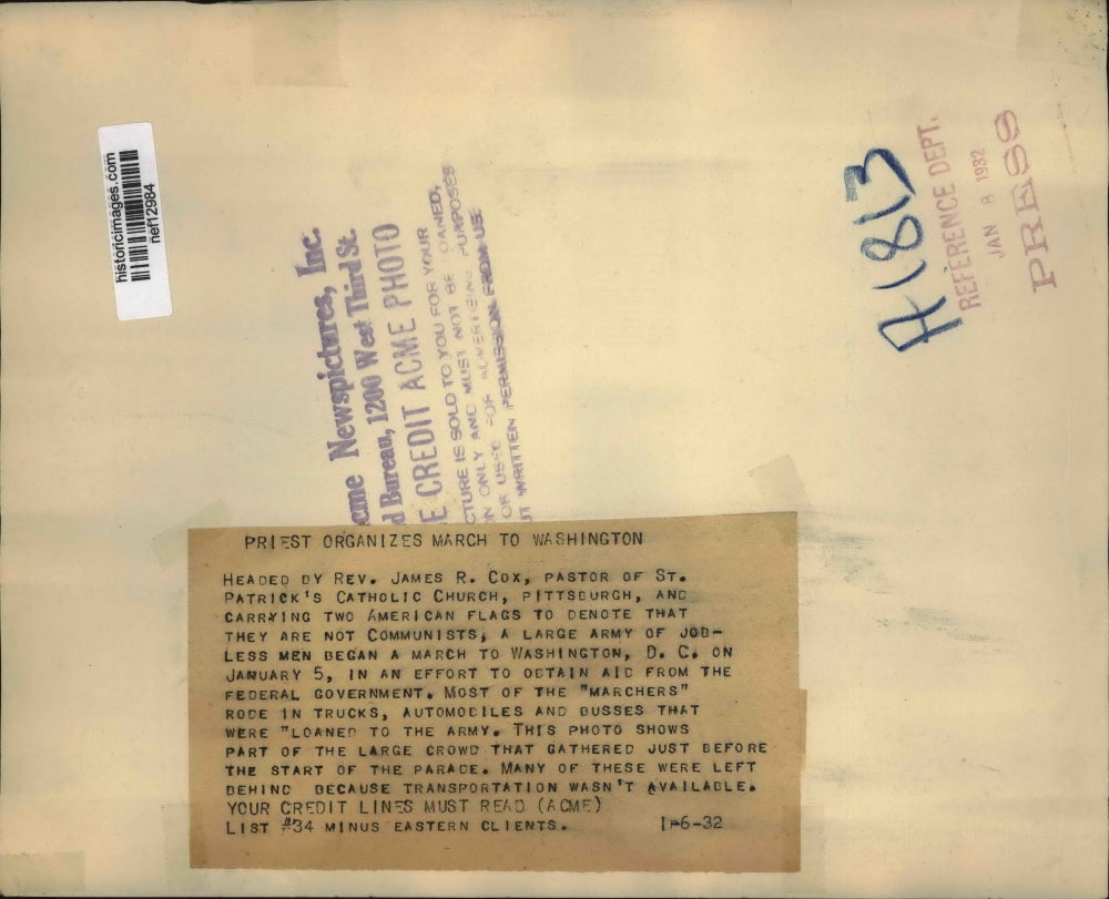 1932 Press Photo Rev,James R.Cox organize demonstration to Washington