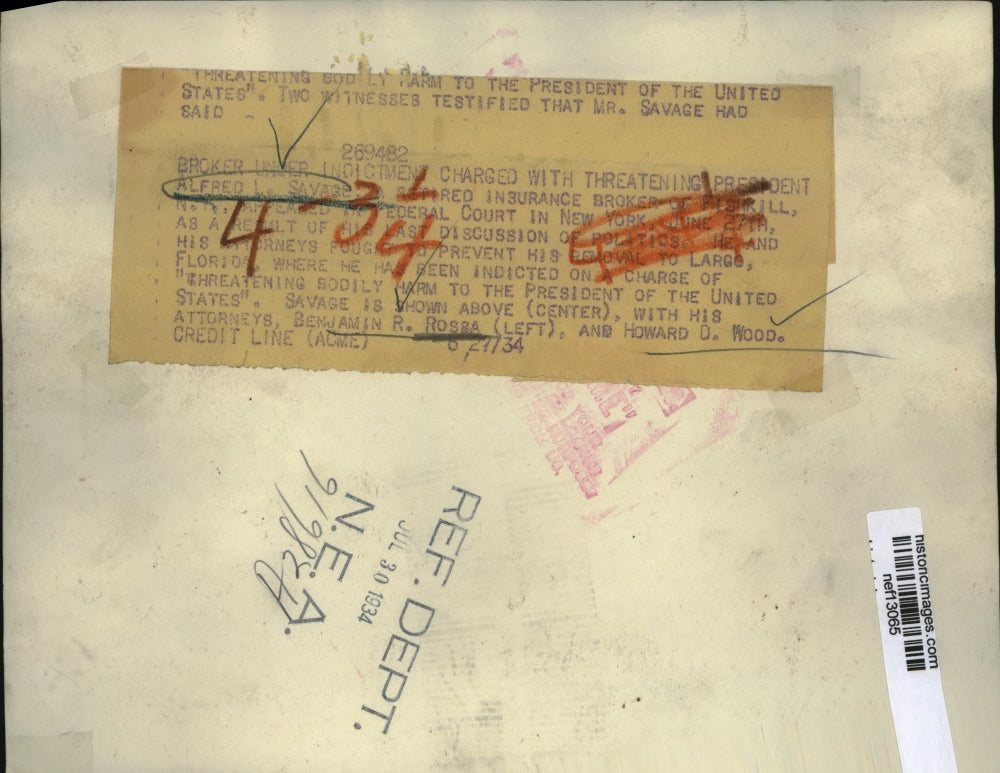 1934 Press Photo A. Savage Under Indictment Charges For Threatening US President