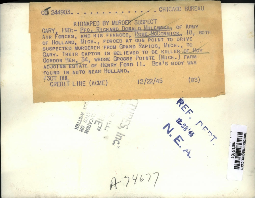1945 Press Photo Kidnapping Victims Richard Donald Milewski & Rose McCormick