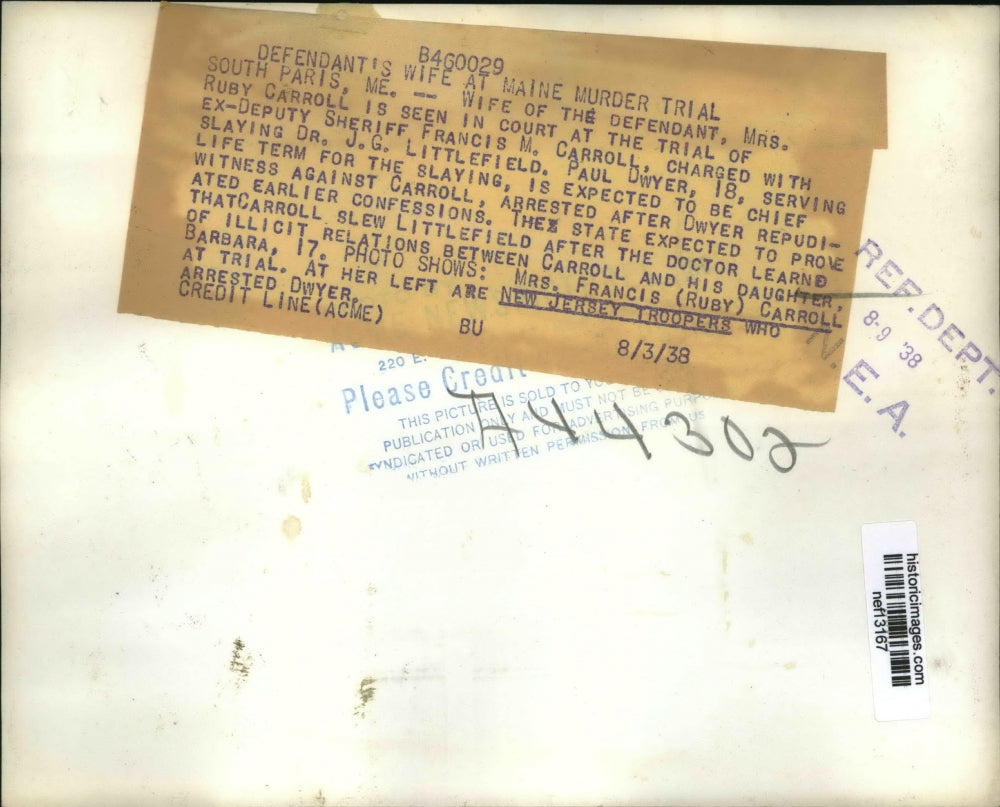 1938 Press Photo Defendant's Wife Ruby Carroll At Maine Murder Trial - nef13167