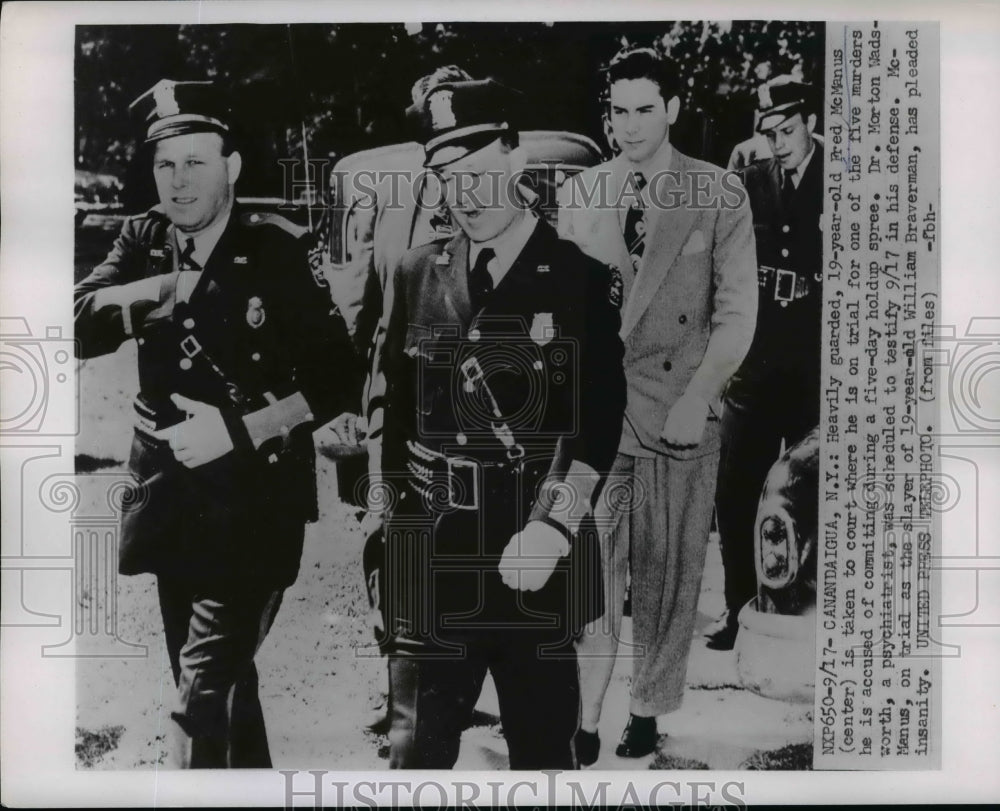 1953 Press Photo Heavily Guarded F. McManus Taken To Court Trial For 5 Murders