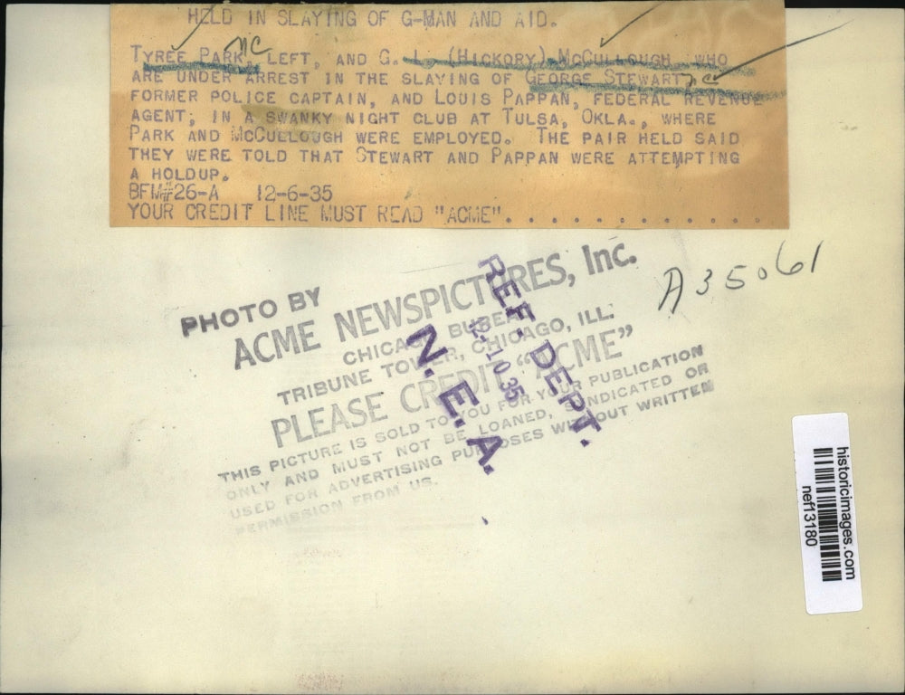 1935 Press Photo T.Park (L) and G. McCullough Arrested In Slaying of G.Stewart