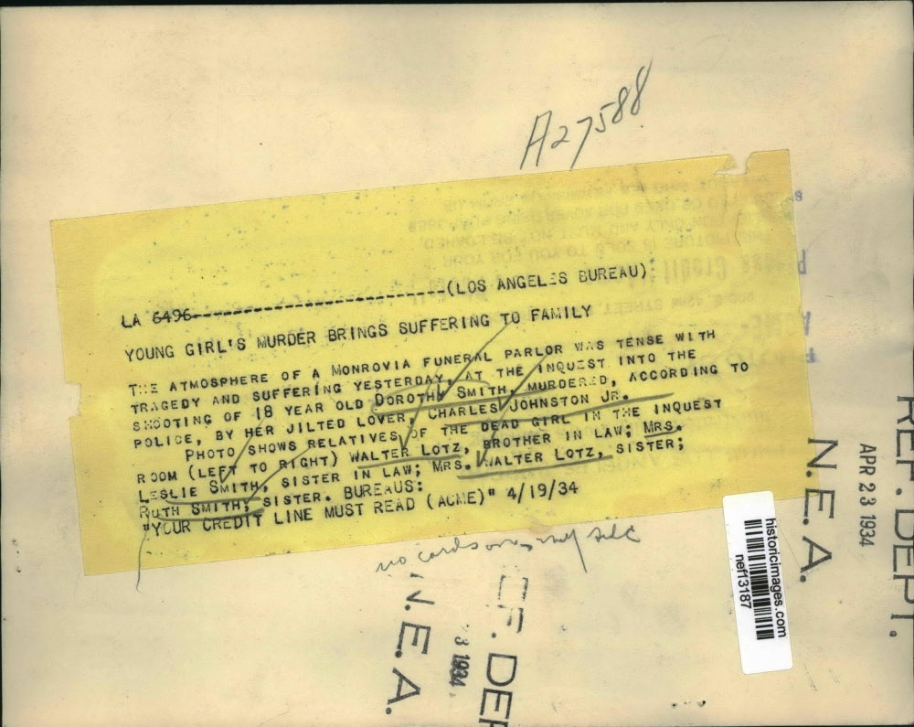 1934 Press Photo Relatives of Murder Victim Dorothy Smith at Monrovia Funeral