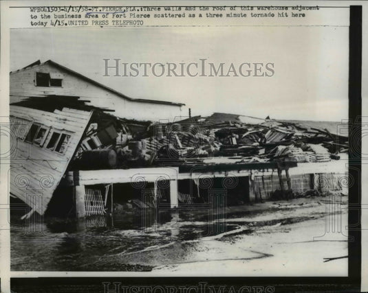 1958 Press Photo Warehouse Scattered As A Three Minute Tornado Hit - nef13232