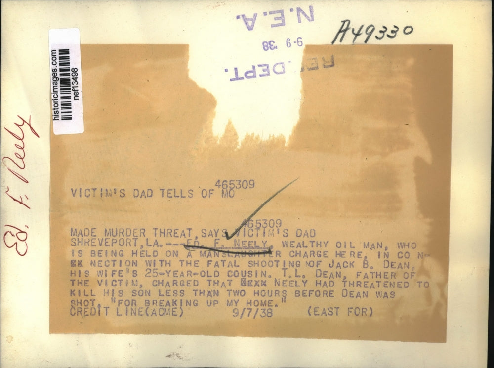 1938 Press Photo Ed F. Neely being held on manslaughter charge - nef13498