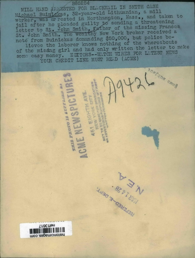 1928 Press Photo M. Buinickas Mill Worker Arrested For Blackmail In Smith Case