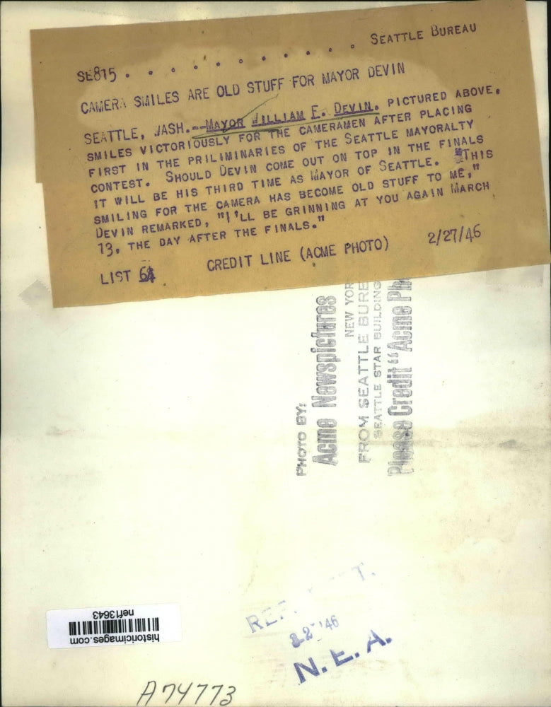 1946 Press Photo Mayor Devin Places First In Preliminaries of Seattle Mayoralty