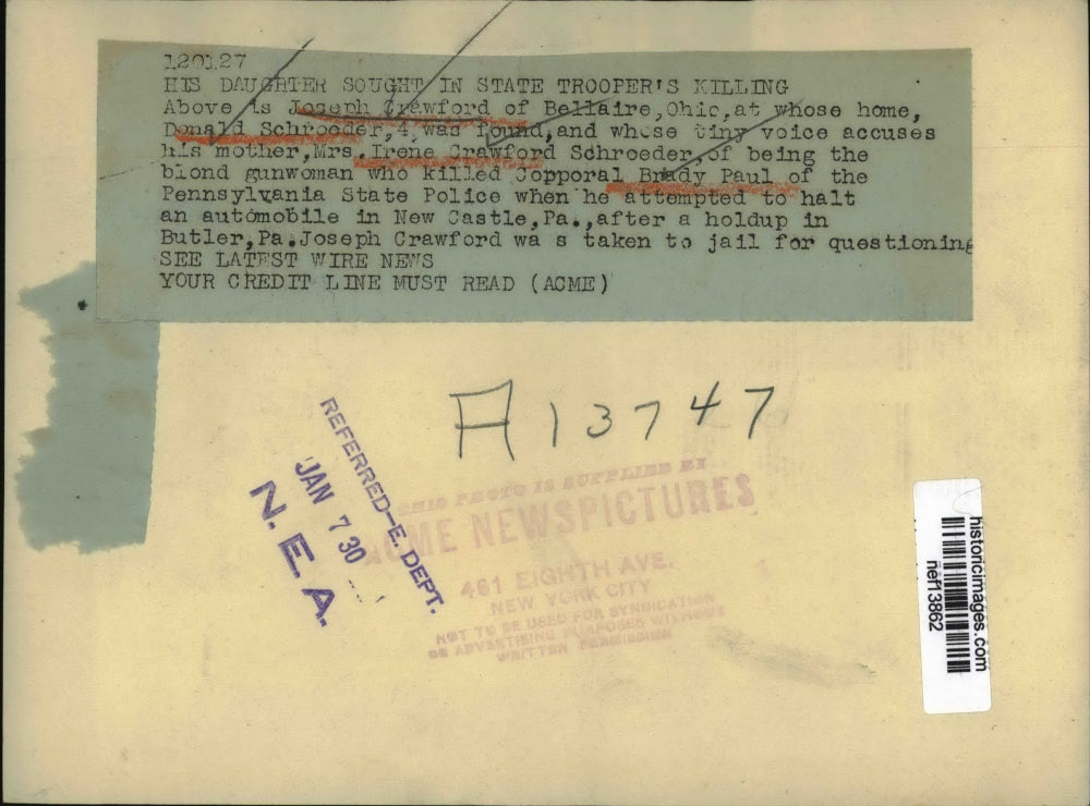 1930 Press Photo Joseph Crawford, Father of Brady Paul Murderer Irene Crawford