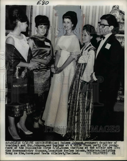 1965 Press Photo Luci Baines Johnson at Diplomatic Corps White House Party