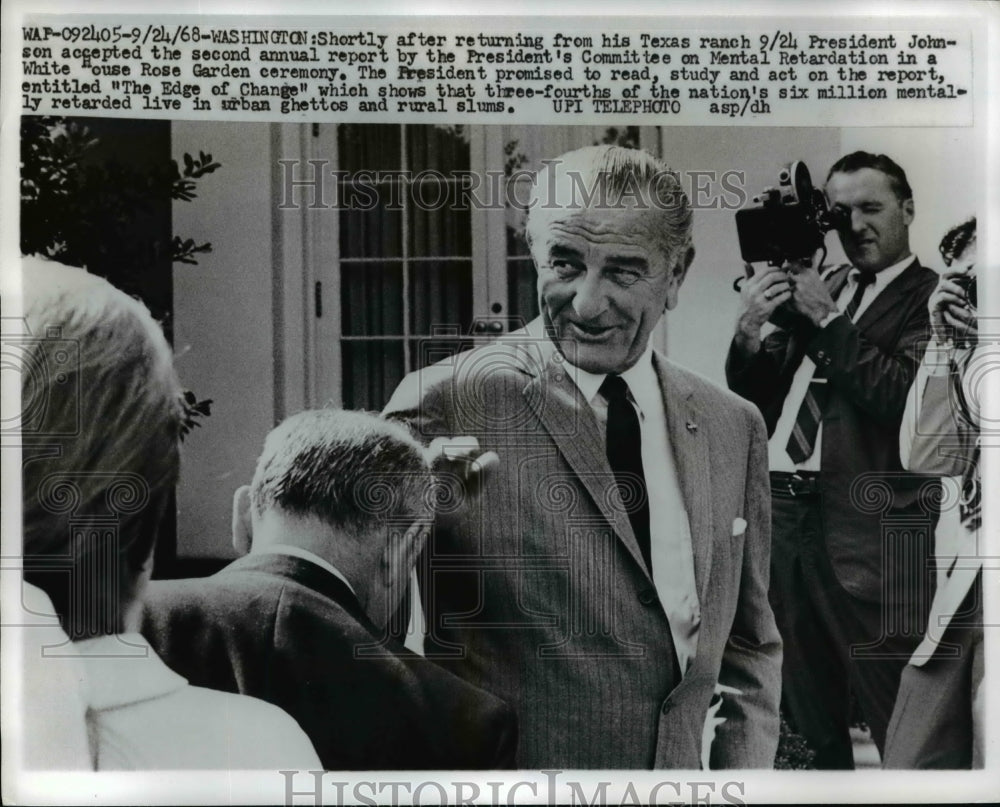 1968 Press Photo Johnson accepts the second annual report on Mental Retardation