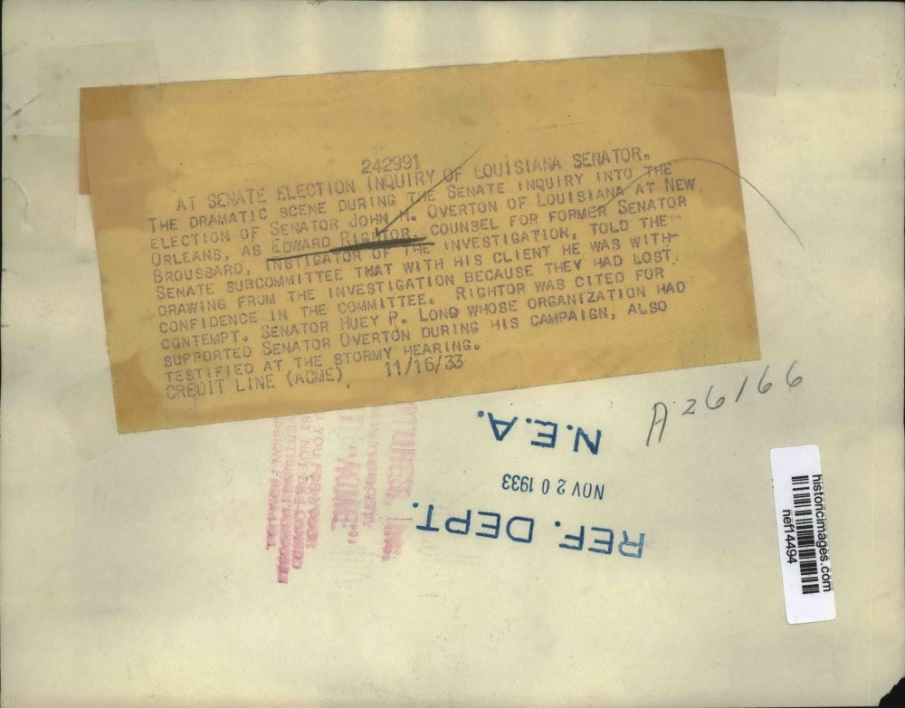 1933 Press Photo At Senate Election Inquiry of Louisiana Senator John Overton