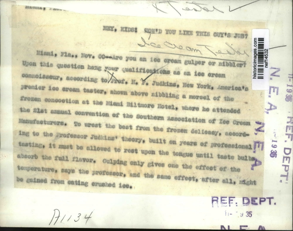 1935 Press Photo H.F. Judkins America's Premier Ice Cream Taster & Connoisseur