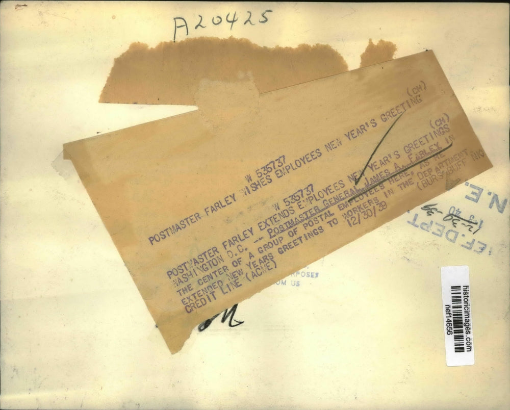 1940 Press Photo Postmaster Farley Wishes Employees New Year's Greeting