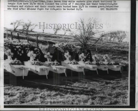 1959 Press Photo Seven White Caskets Give Stark Testimony to Tragic Fire in Iowa